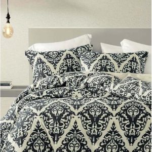 Černo-béžové 4dílné prodloužené povlečení na dvoulůžko s prostěradlem z bavlny Renforcé 200x220 cm Damask – Mila Home