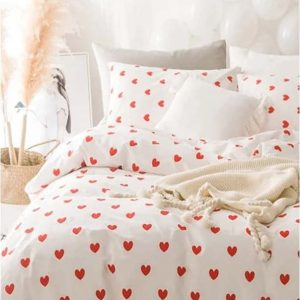 Krémové 4dílné prodloužené povlečení na dvoulůžko z bavlny Renforcé s prostěradlem 200x220 cm Mini Hearts – Mila Home