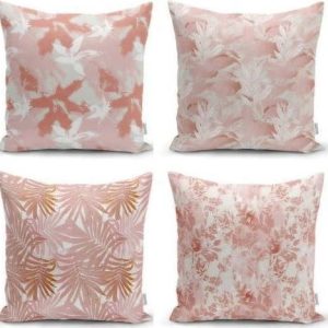 Sada 4 dekorativních povlaků na polštáře Minimalist Cushion Covers Pink Leaves