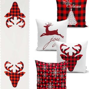 Sada 4 vánočních povlaků na polštář a běhounu na stůl Minimalist Cushion Covers Christmas Tartan