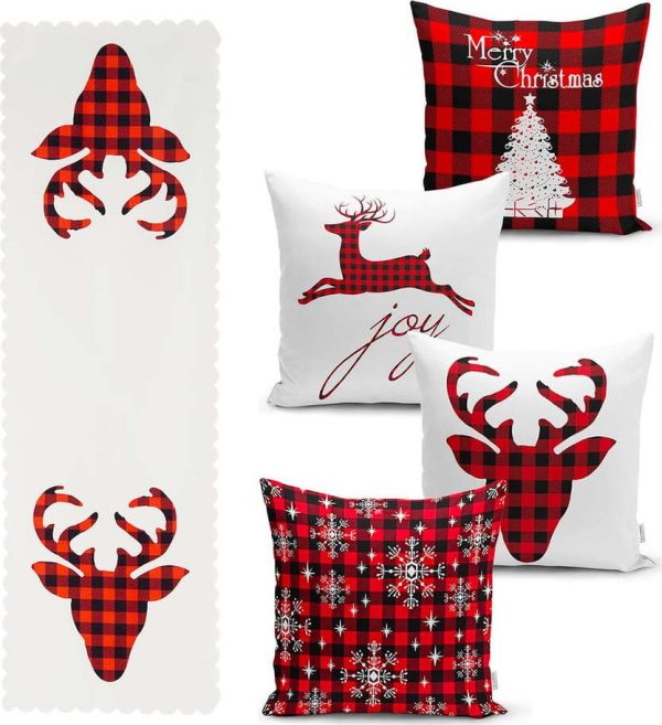 Sada 4 vánočních povlaků na polštář a běhounu na stůl Minimalist Cushion Covers Christmas Tartan