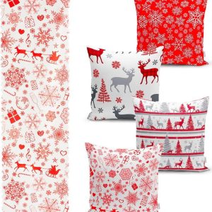 Sada 4 vánočních povlaků na polštář a běhounu na stůl Minimalist Cushion Covers Red Snowflake