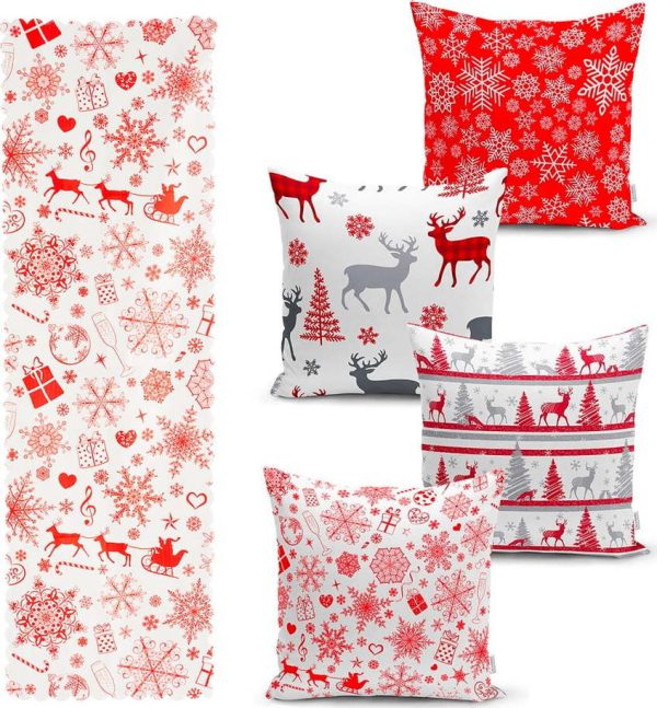 Sada 4 vánočních povlaků na polštář a běhounu na stůl Minimalist Cushion Covers Red Snowflake