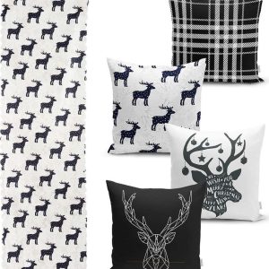 Sada 4 vánočních povlaků na polštář a běhounu na stůl Minimalist Cushion Covers Reindeer and Stars