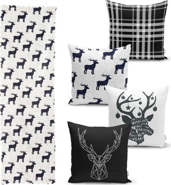 Sada 4 vánočních povlaků na polštář a běhounu na stůl Minimalist Cushion Covers Reindeer and Stars