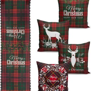 Sada 4 vánočních povlaků na polštář a běhounu na stůl Minimalist Cushion Covers Tartan Christmas