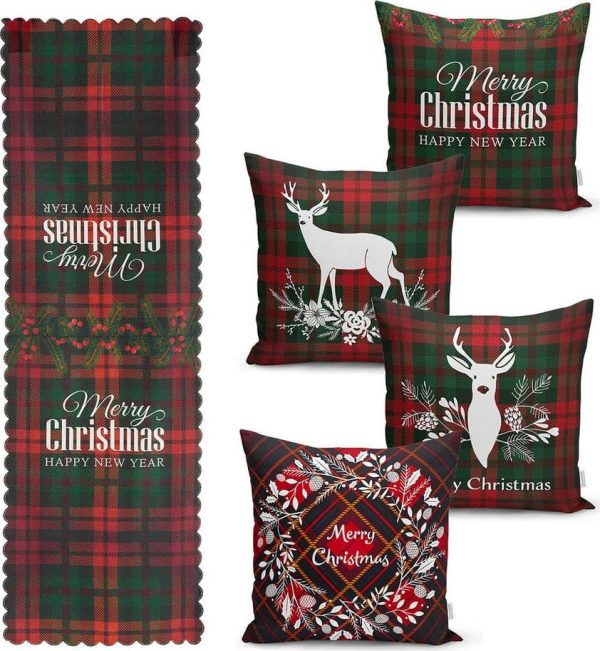 Sada 4 vánočních povlaků na polštář a běhounu na stůl Minimalist Cushion Covers Tartan Christmas