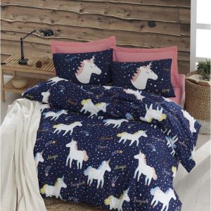 Povlečení s prostěradlem na dvoulůžko Eponj Home Magic Unicorn Dark Blue